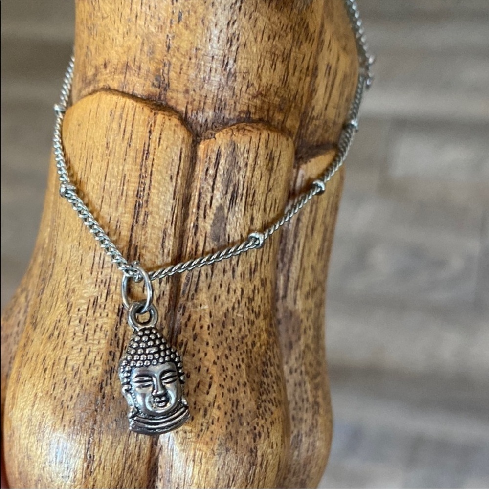 Silver Buddha Choker Necklace • Zen Meditation Spiritual Jewelry • Minimalist - Picture 2 of 7